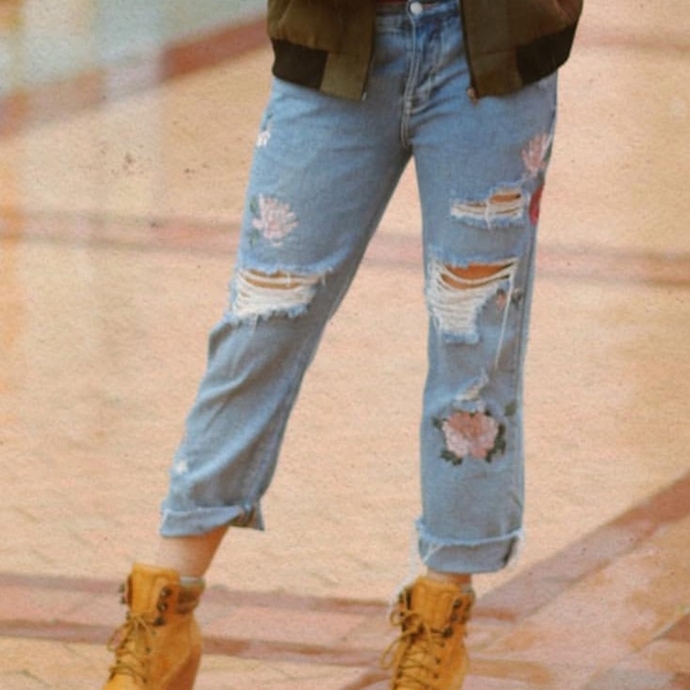 Kendal x Kylie Ripped Flower Jeans